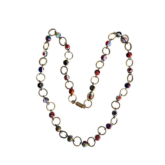 Murano Millefiori Glass Bead Necklace Goldtone Chain Handmade Italian Jewelry - Picture 2 of 5